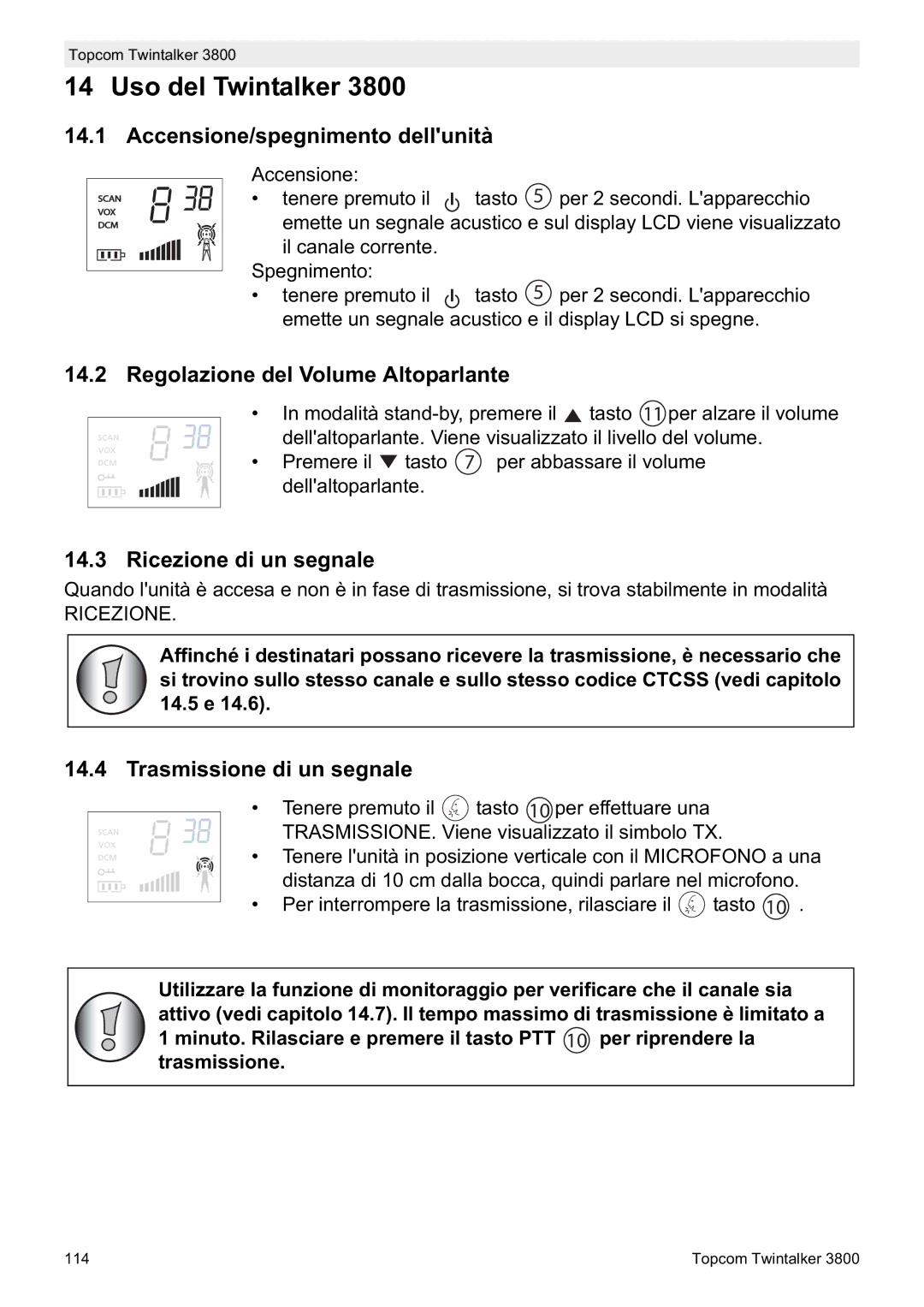 Topcom 3800 Accensione/spegnimento dellunità, Regolazione del Volume Altoparlante, Ricezione di un segnale 