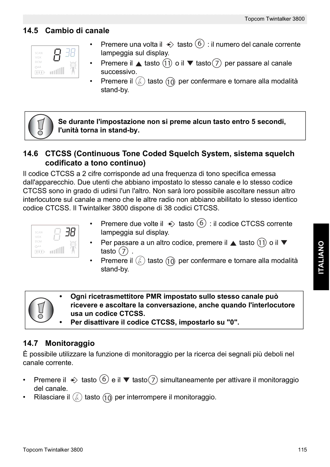 Topcom 3800 manual do utilizador Cambio di canale, Monitoraggio 