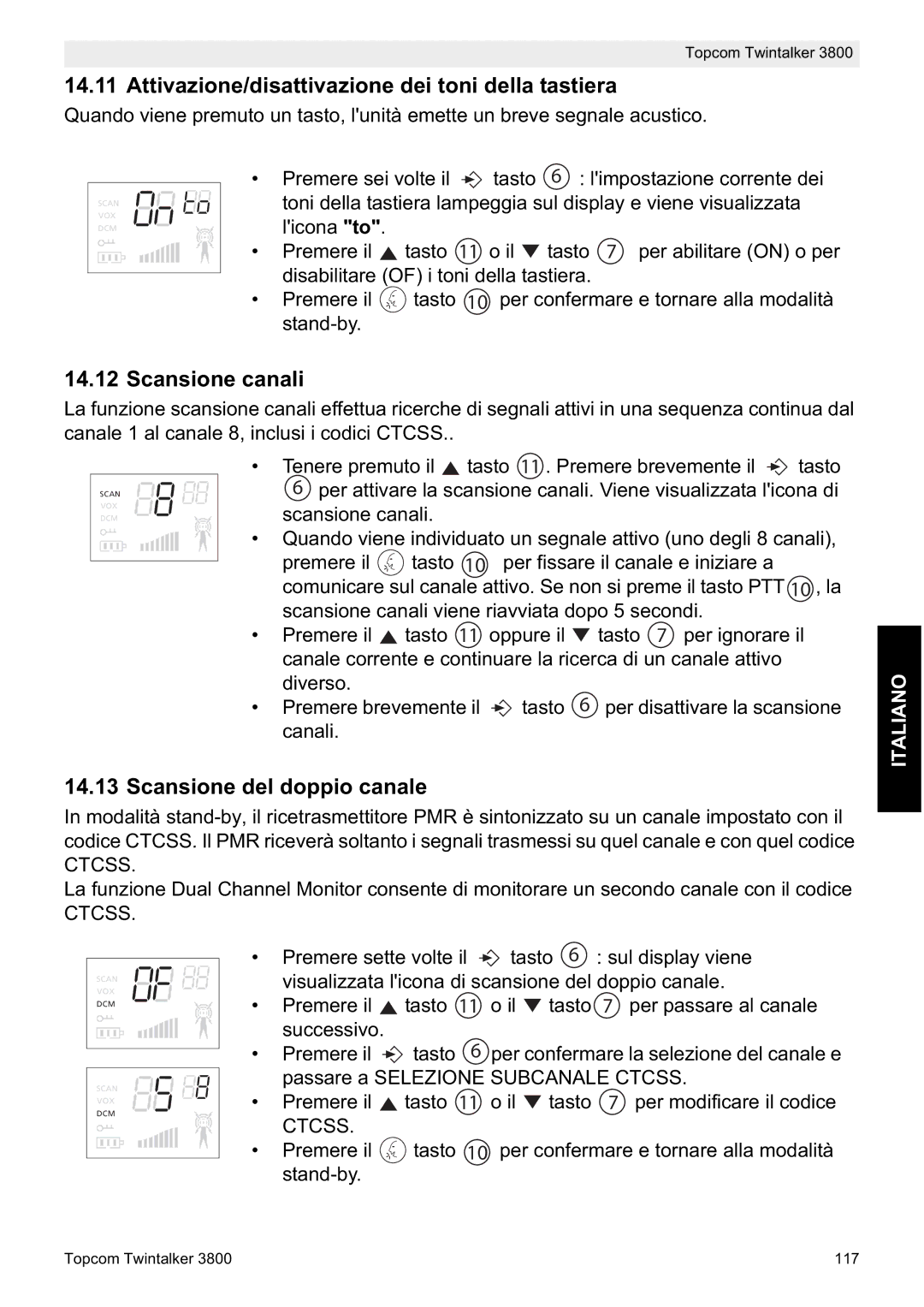Topcom 3800 Attivazione/disattivazione dei toni della tastiera, Scansione canali, Scansione del doppio canale 