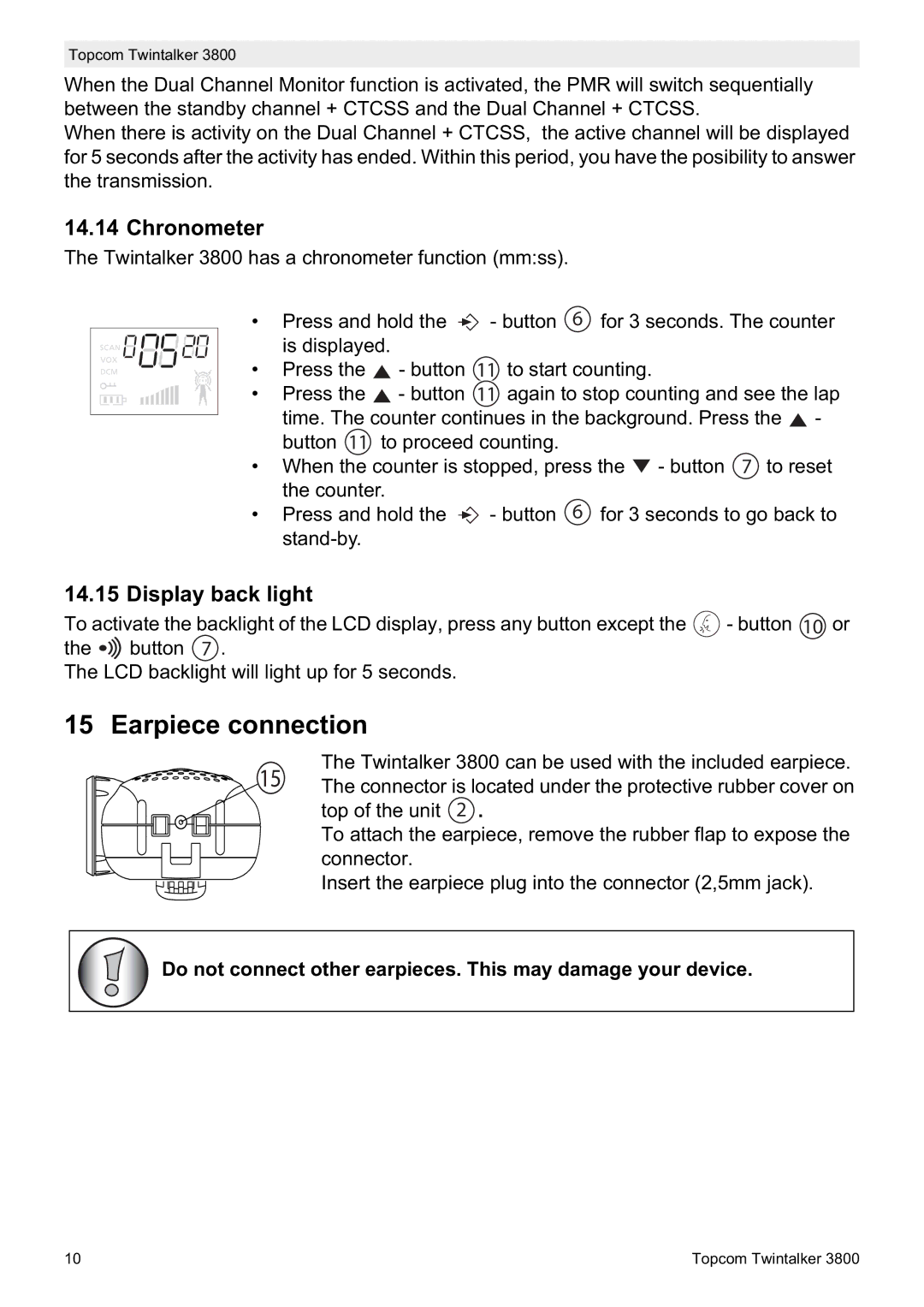 Topcom 3800 manual do utilizador Earpiece connection, Chronometer, Display back light 