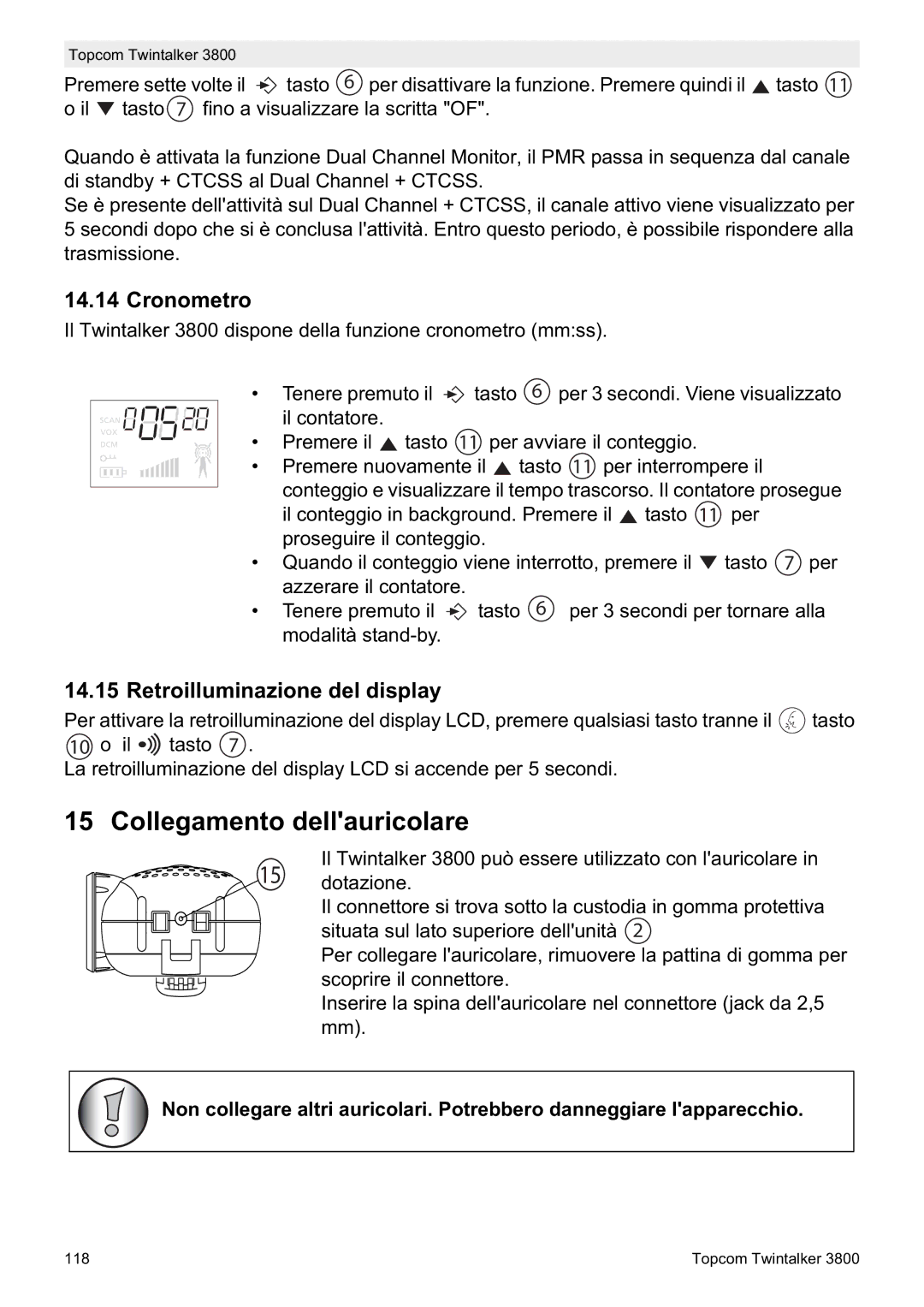 Topcom 3800 manual do utilizador Collegamento dellauricolare, Cronometro, Retroilluminazione del display 