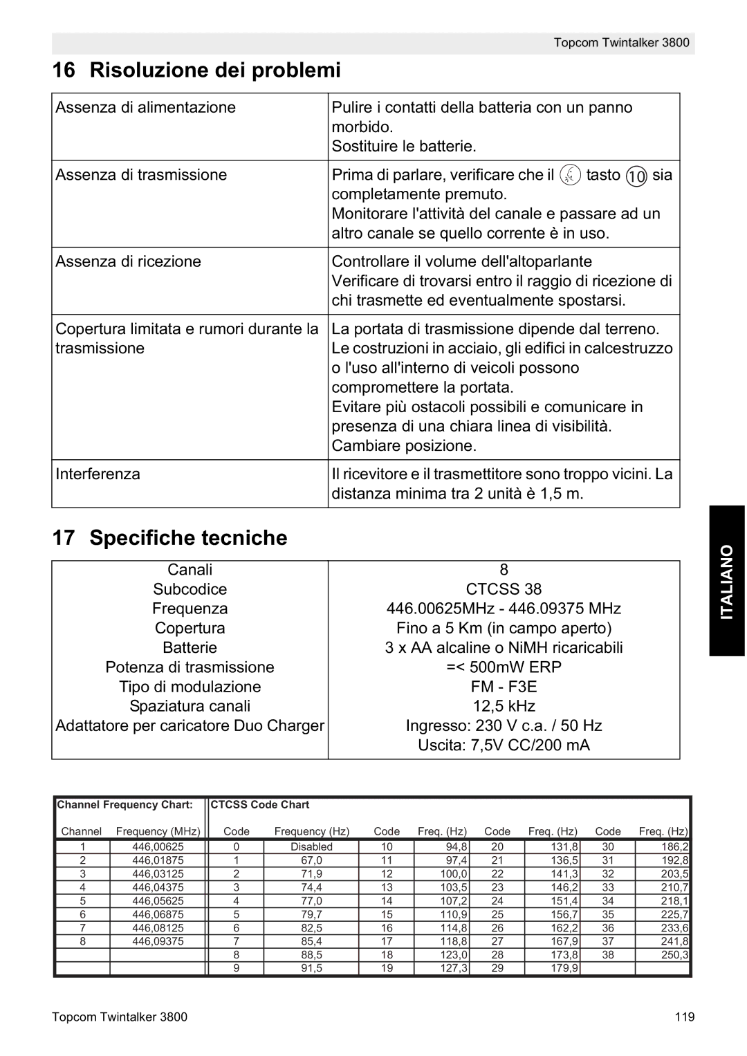 Topcom 3800 manual do utilizador Risoluzione dei problemi, Specifiche tecniche 