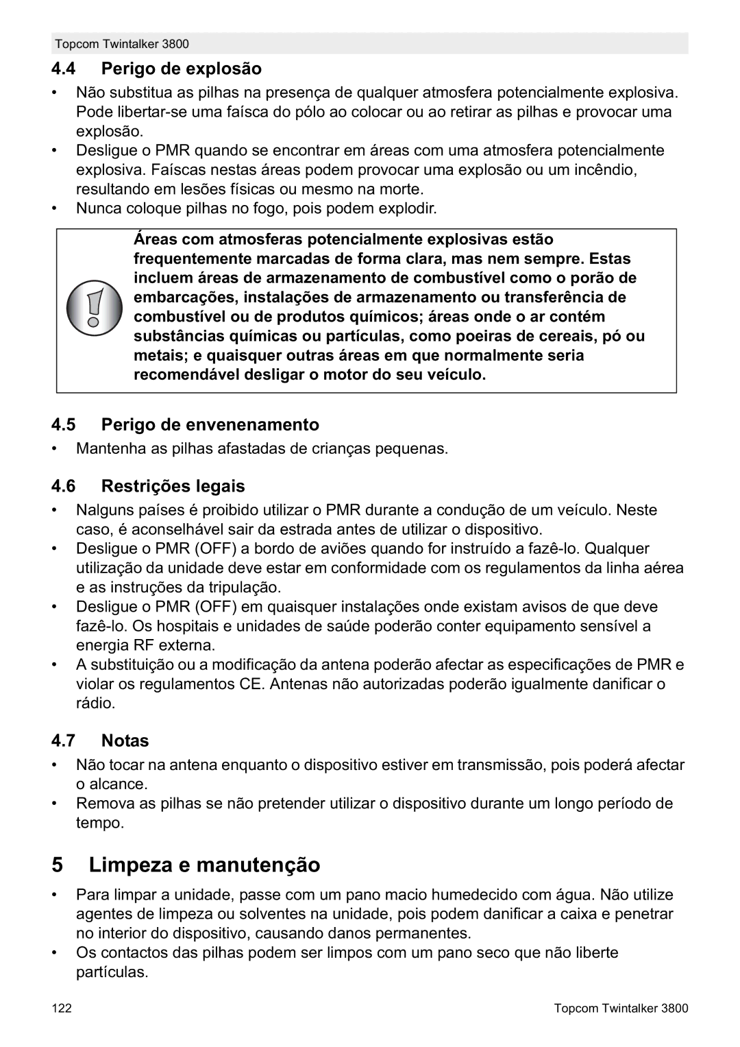 Topcom 3800 manual do utilizador Limpeza e manutenção, Perigo de explosão, Perigo de envenenamento, Restrições legais 