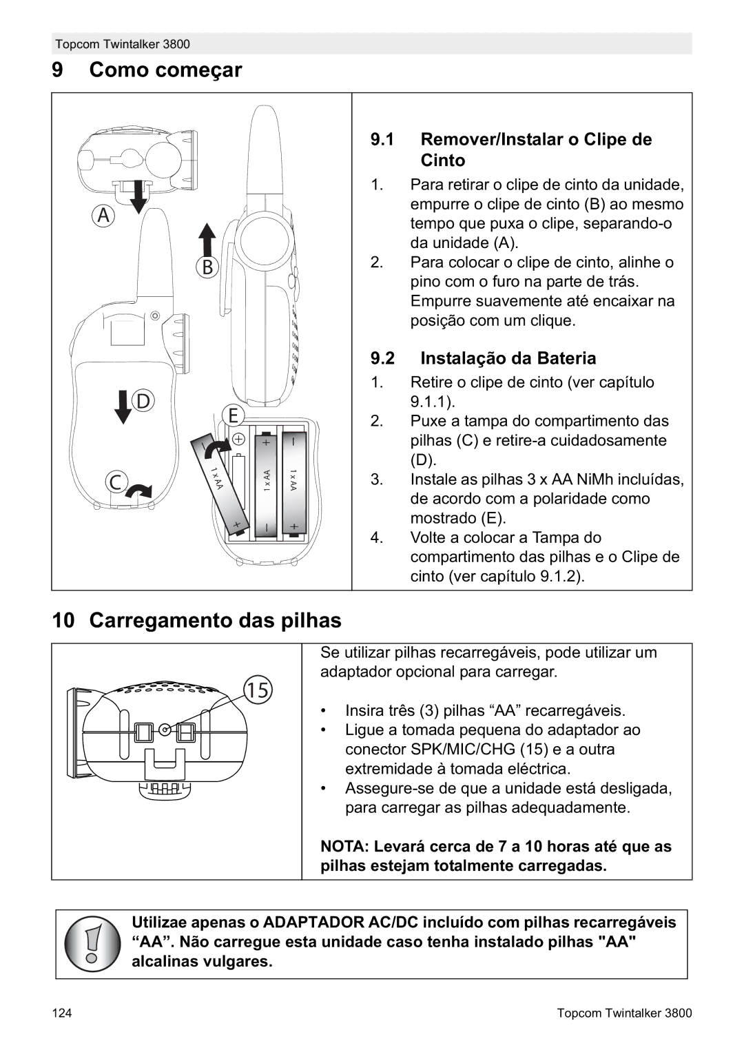 Topcom 3800 Como começar, Carregamento das pilhas, Remover/Instalar o Clipe de Cinto, Instalação da Bateria 