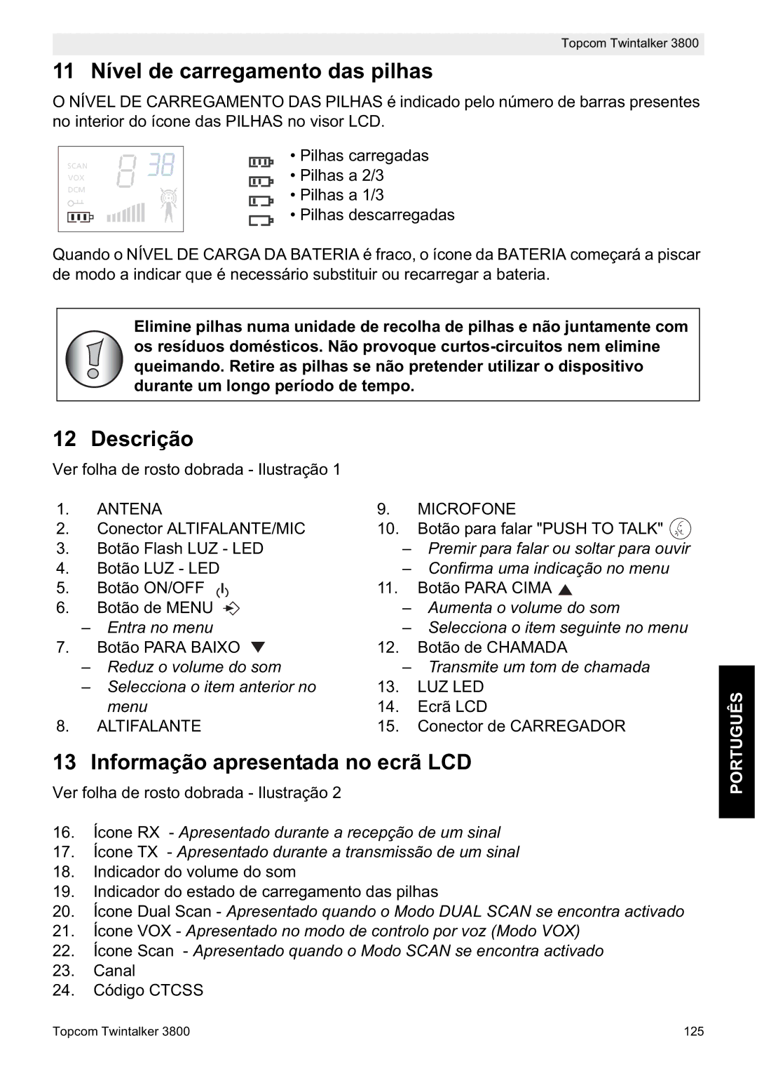 Topcom 3800 manual do utilizador 11 Nível de carregamento das pilhas, Descrição, Informação apresentada no ecrã LCD 