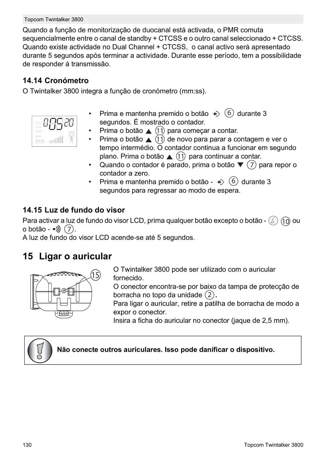 Topcom 3800 manual do utilizador Ligar o auricular, Luz de fundo do visor 