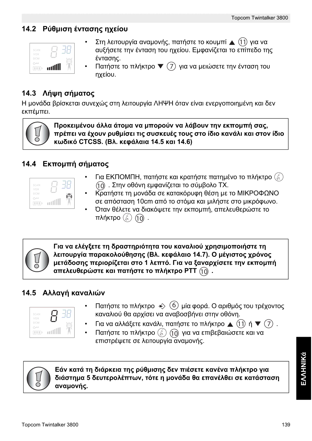 Topcom 3800 manual do utilizador 14.2 ȇȪșȝȚıȘ ȑȞĲĮıȘȢ ȘȤİȓȠȣ, 14.3 ȁȒȥȘ ıȒȝĮĲȠȢ, 14.4 ǼțʌȠȝʌȒ ıȒȝĮĲȠȢ, 14.5 ǹȜȜĮȖȒ țĮȞĮȜȚȫȞ 