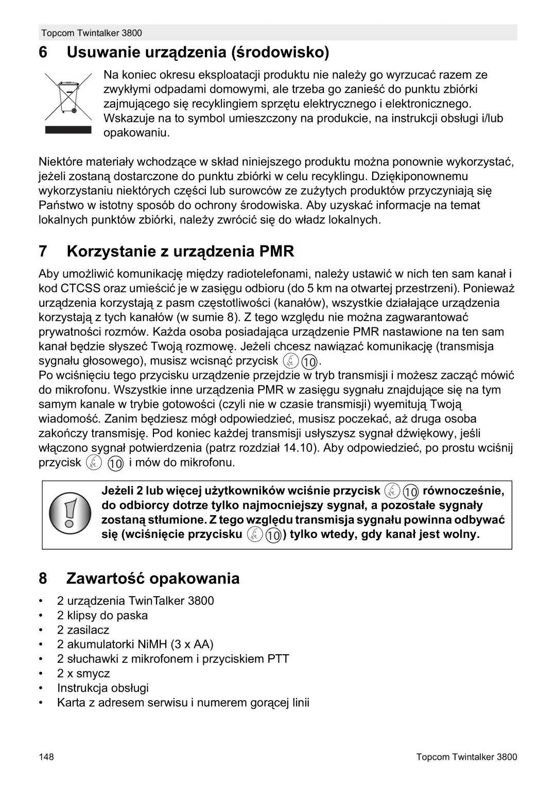 Topcom 3800 manual do utilizador Usuwanie urządzenia Ğrodowisko, Korzystanie z urządzenia PMR, ZawartoĞü opakowania 