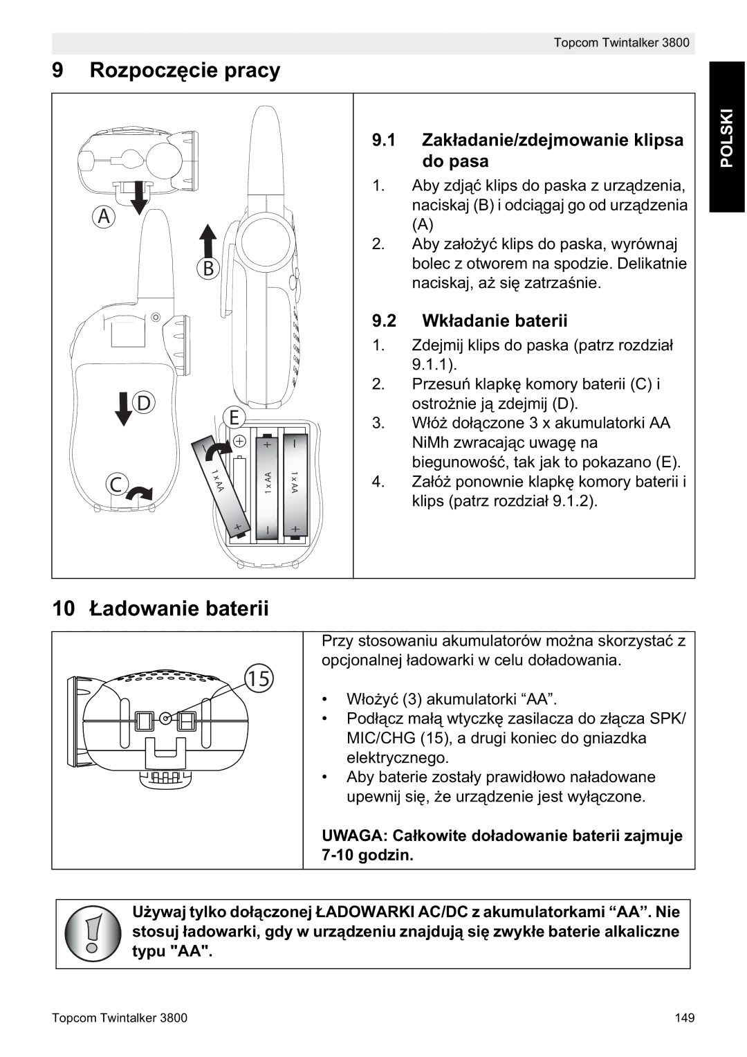 Topcom 3800 RozpoczĊcie pracy, 10 àadowanie baterii, Zakáadanie/zdejmowanie klipsa do pasa, Wkáadanie baterii 