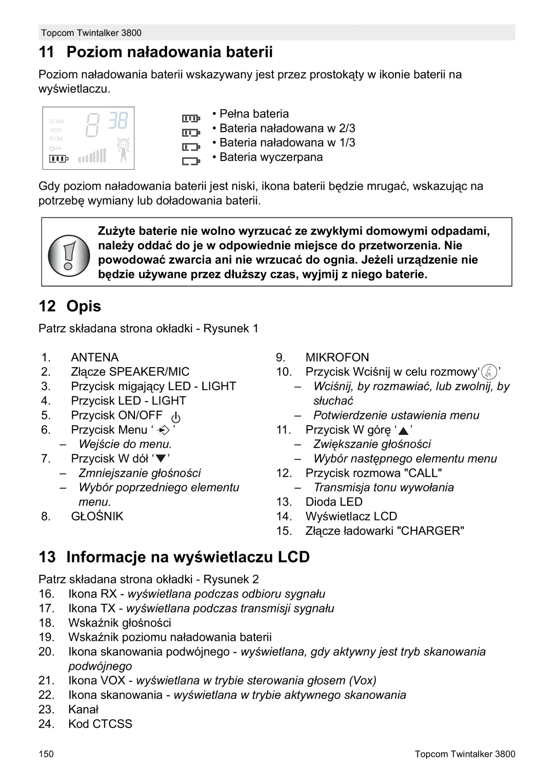 Topcom 3800 manual do utilizador Poziom naáadowania baterii, Opis, Informacje na wyĞwietlaczu LCD 