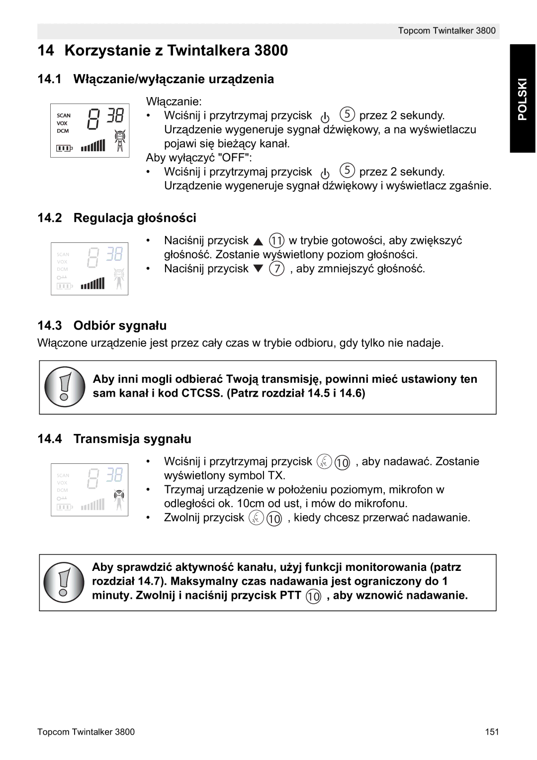 Topcom 3800 Korzystanie z Twintalkera, 14.1 Wáączanie/wyáączanie urządzenia, Regulacja gáoĞnoĞci, Odbiór sygnaáu 