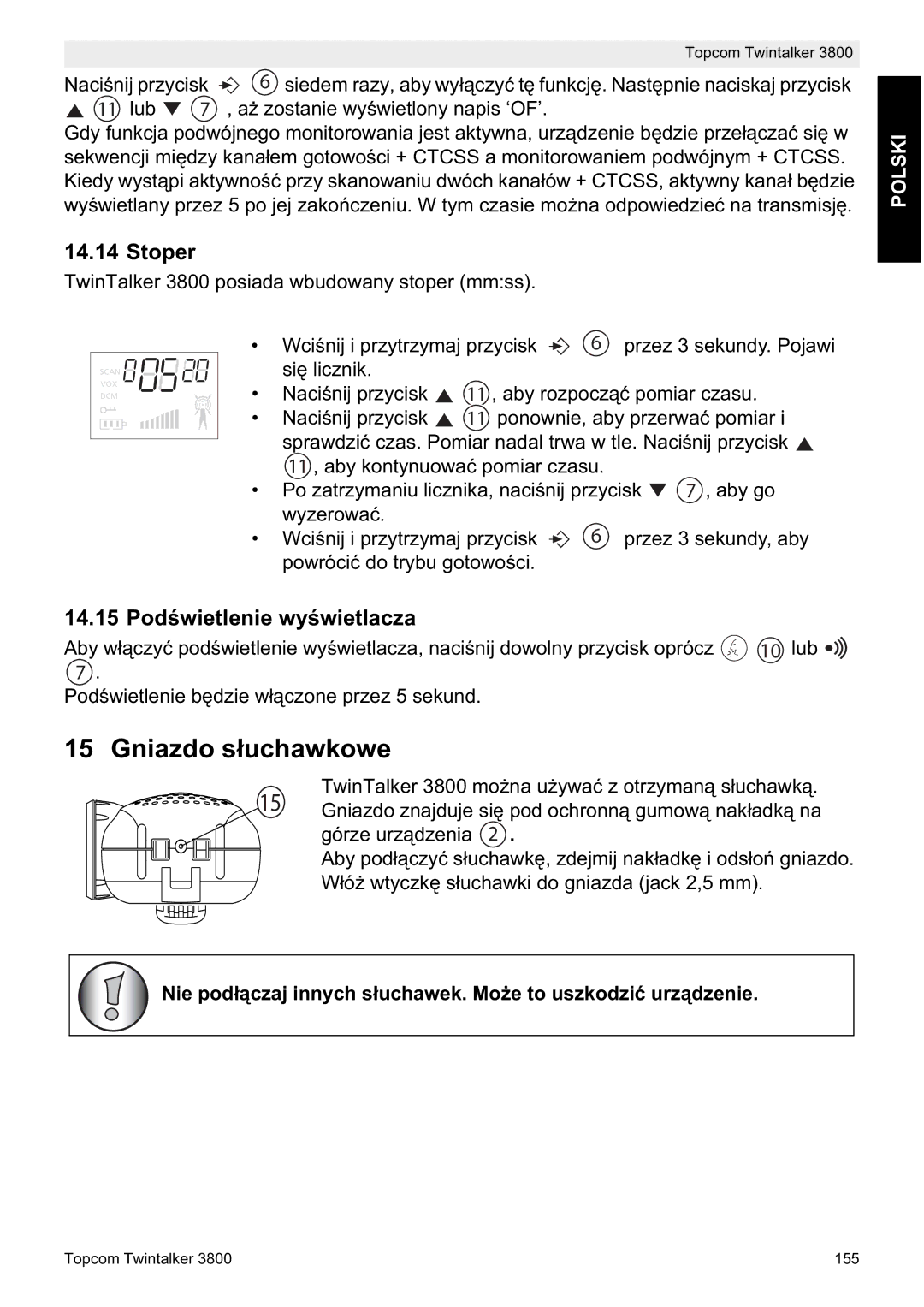 Topcom 3800 manual do utilizador Gniazdo sáuchawkowe, Stoper, 14.15 PodĞwietlenie wyĞwietlacza 