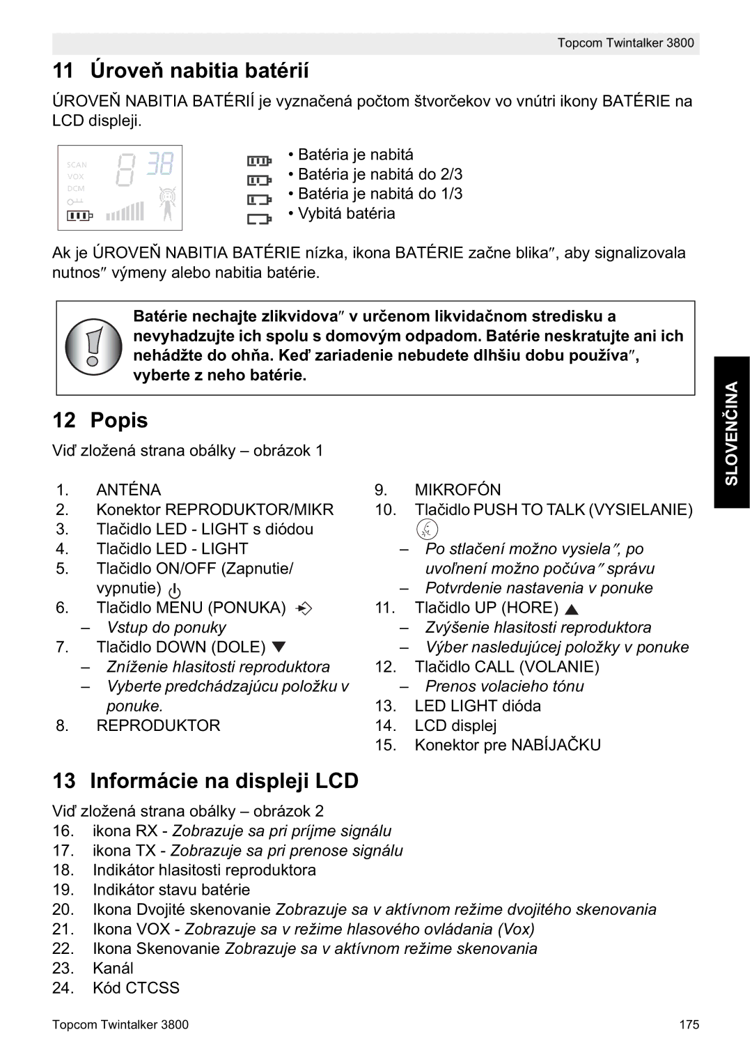 Topcom 3800 manual do utilizador 11 ÚroveĖ nabitia batérií, Popis, Informácie na displeji LCD 