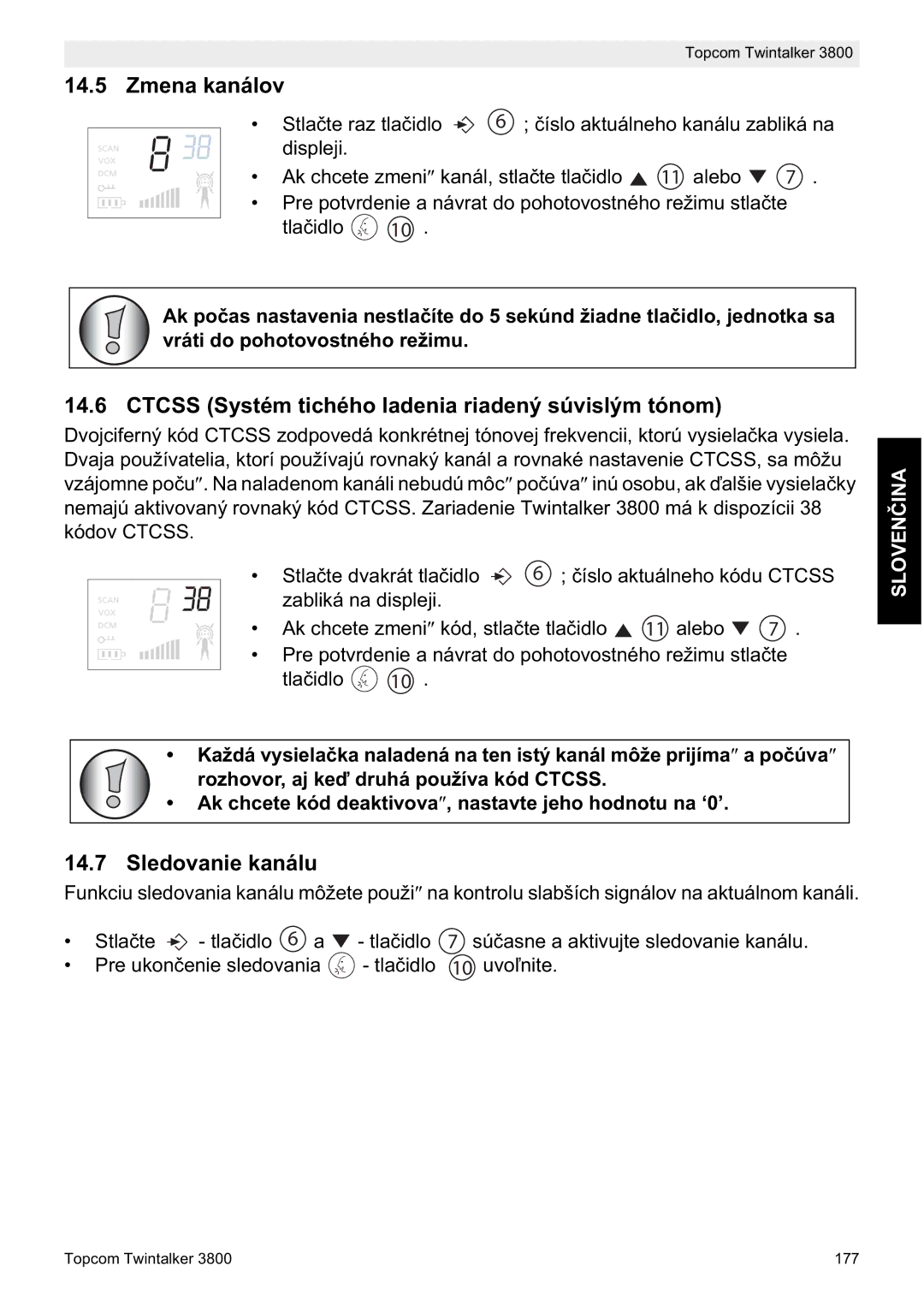 Topcom 3800 manual do utilizador Zmena kanálov, Ctcss Systém tichého ladenia riadený súvislým tónom, Sledovanie kanálu 