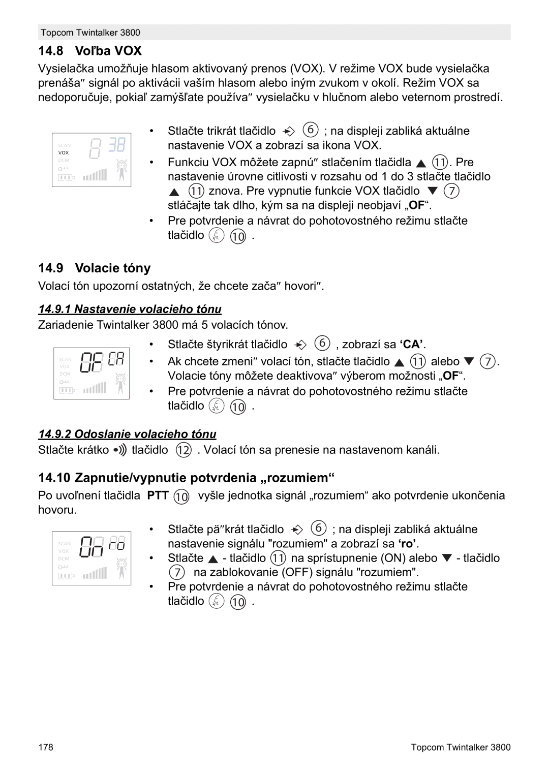 Topcom 3800 14.8 VoĐba VOX, Volacie tóny, Zapnutie/vypnutie potvrdenia „rozumiem, Nastavenie volacieho tónu 