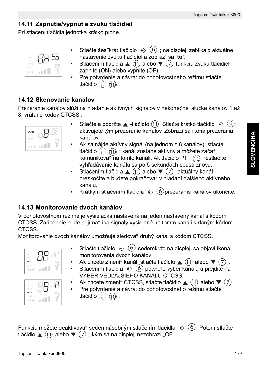 Topcom 3800 manual do utilizador Zapnutie/vypnutie zvuku tlaþidiel, Skenovanie kanálov, Monitorovanie dvoch kanálov 