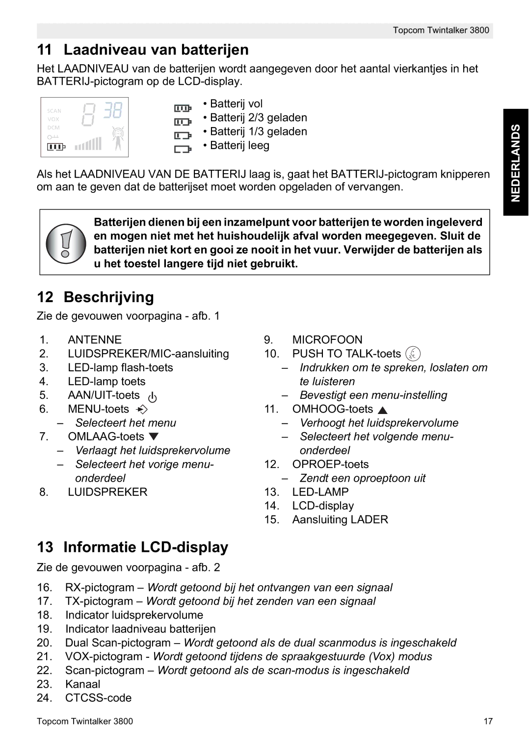 Topcom 3800 manual do utilizador Laadniveau van batterijen, Beschrijving, Informatie LCD-display 