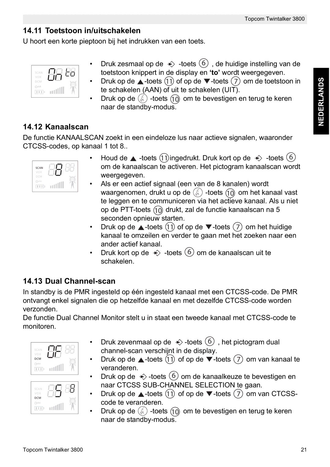 Topcom 3800 manual do utilizador Toetstoon in/uitschakelen, Kanaalscan, Dual Channel-scan 