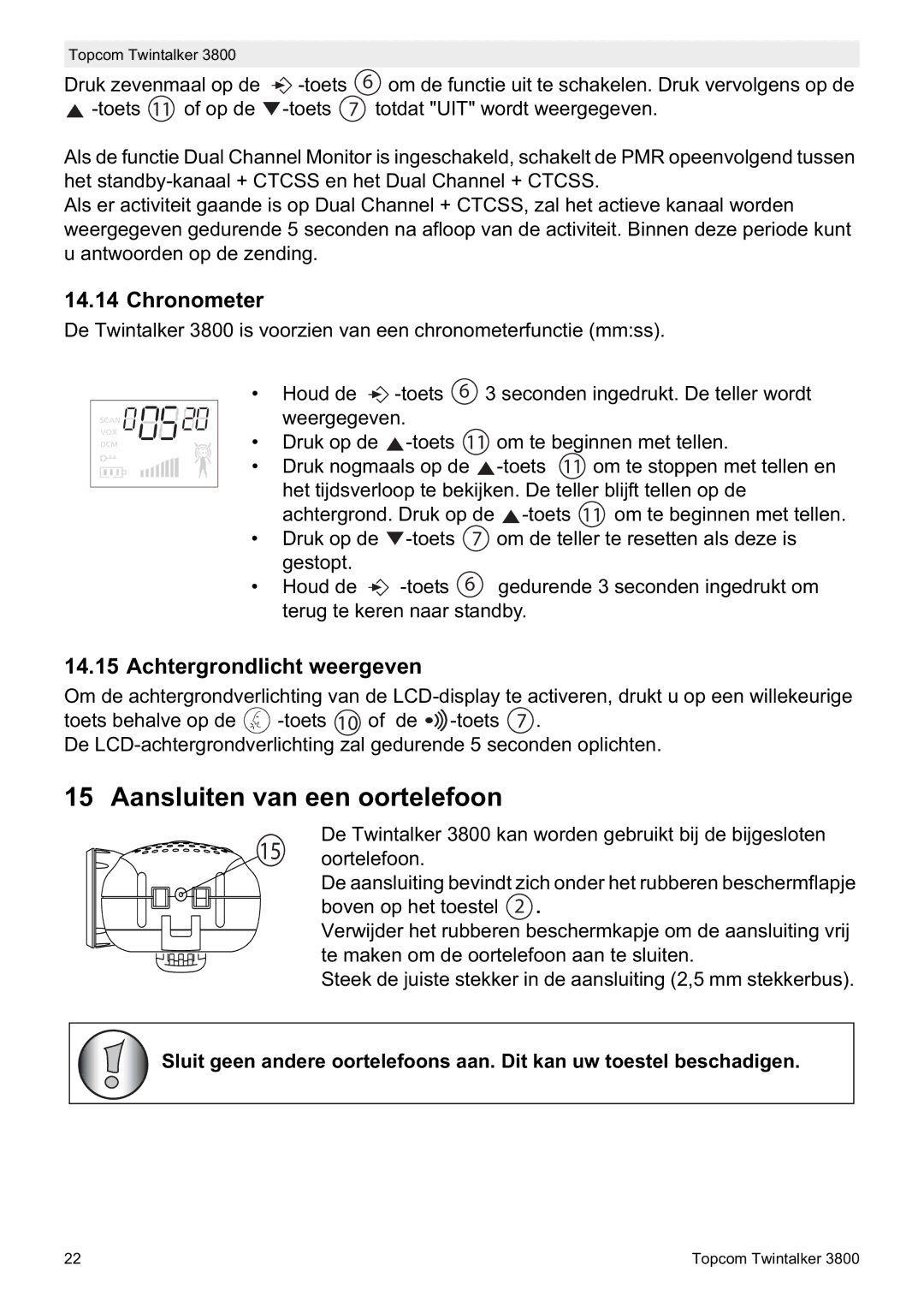 Topcom 3800 manual do utilizador Aansluiten van een oortelefoon, Achtergrondlicht weergeven 