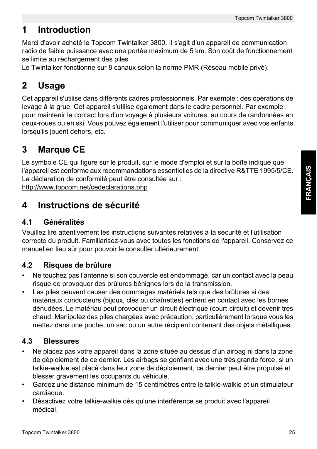 Topcom 3800 manual do utilizador Usage, Marque CE Instructions de sécurité, Généralités, Risques de brûlure, Blessures 