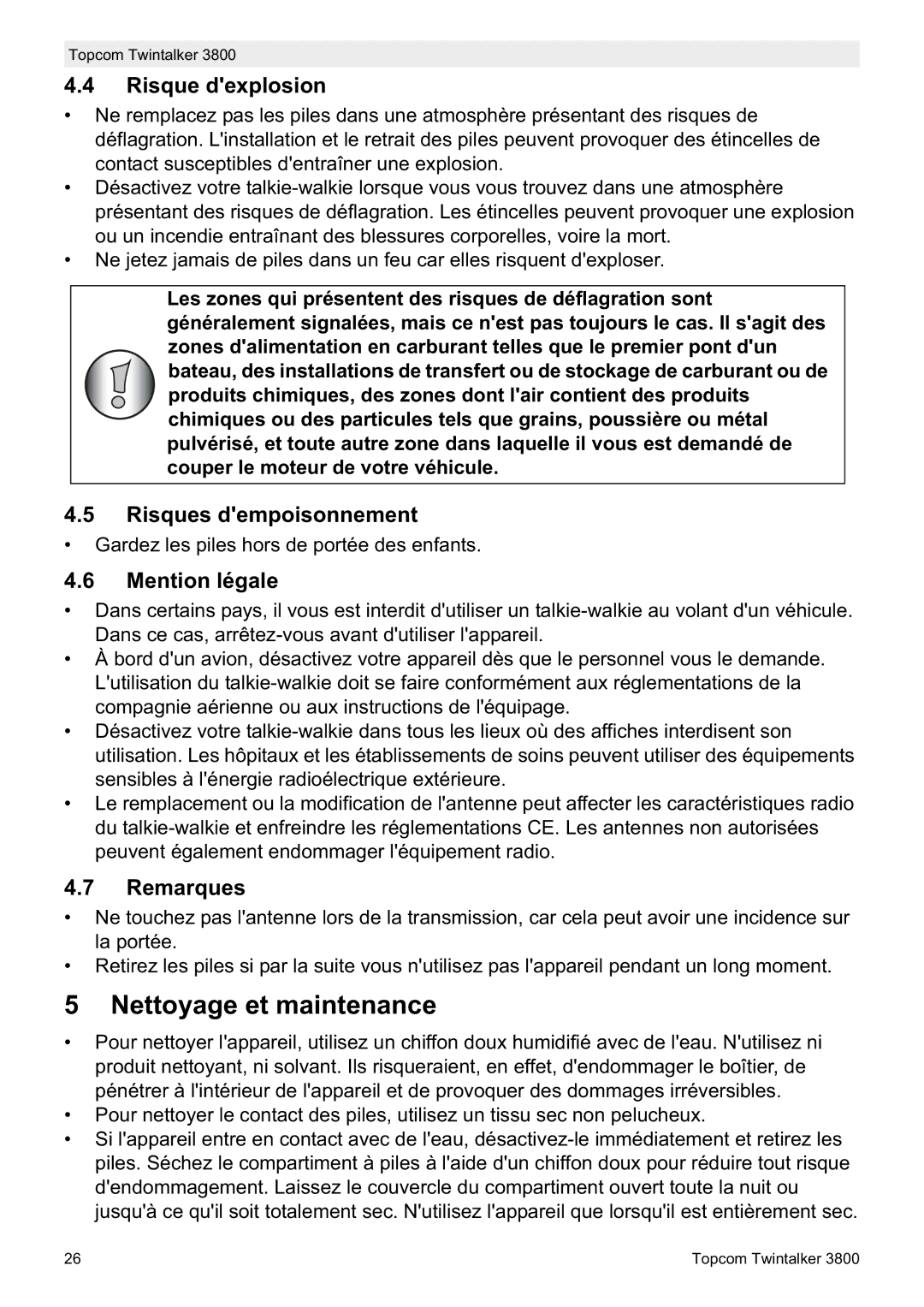 Topcom 3800 Nettoyage et maintenance, Risque dexplosion, Risques dempoisonnement, Mention légale, Remarques 