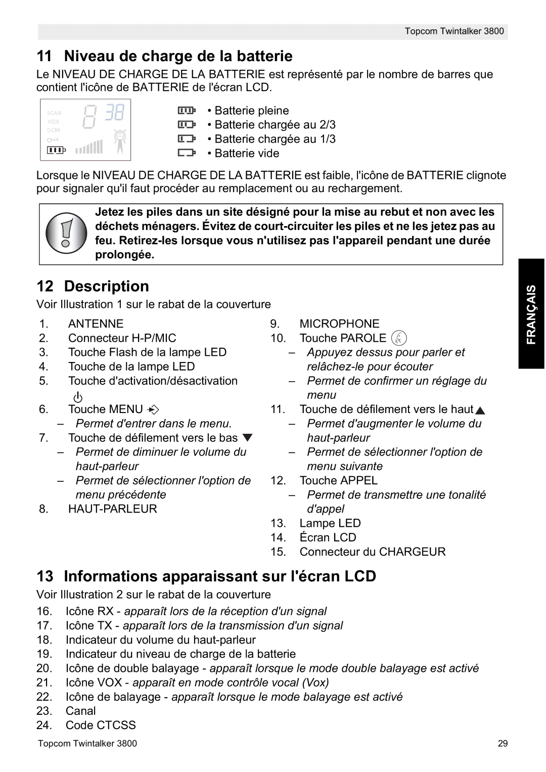 Topcom 3800 manual do utilizador Niveau de charge de la batterie, Informations apparaissant sur lécran LCD 