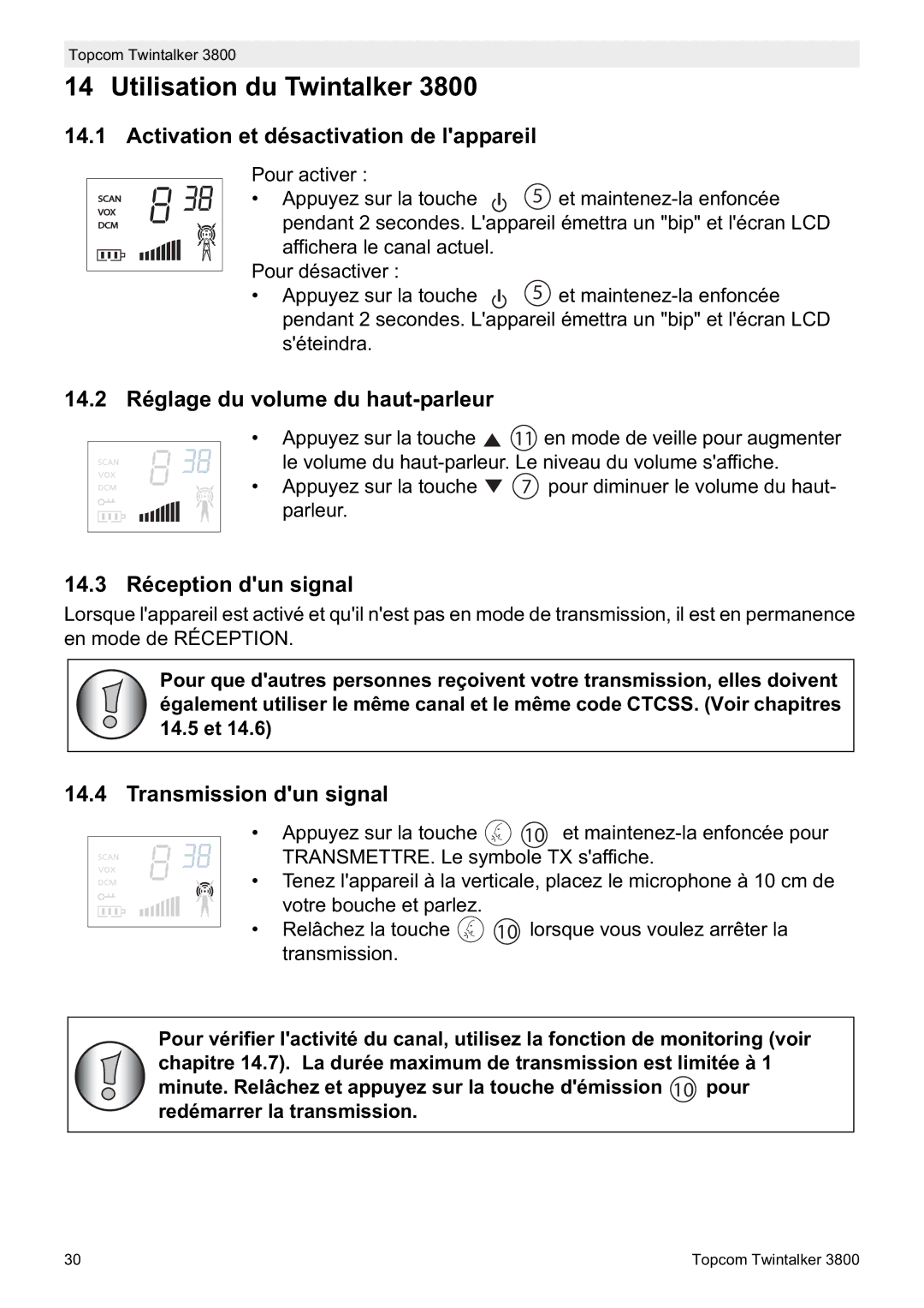 Topcom 3800 Utilisation du Twintalker, Activation et désactivation de lappareil, 14.2 Réglage du volume du haut-parleur 