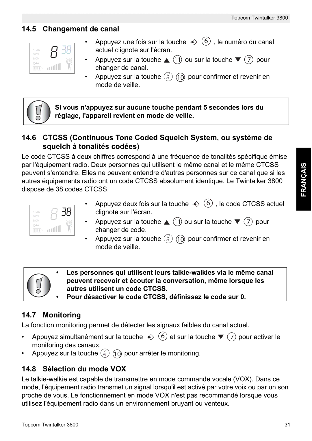 Topcom 3800 manual do utilizador Changement de canal, Monitoring, 14.8 Sélection du mode VOX 