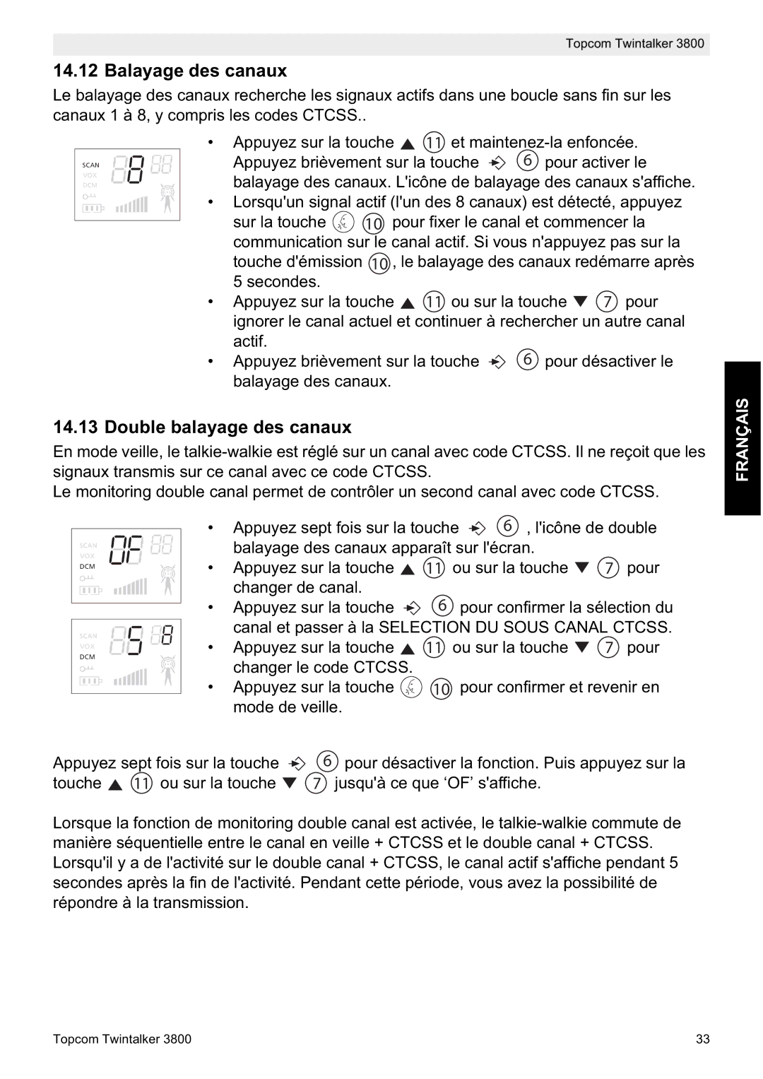 Topcom 3800 manual do utilizador Balayage des canaux, Double balayage des canaux 