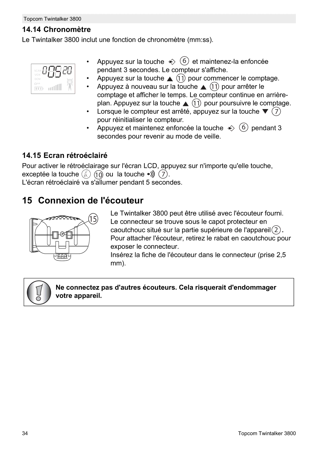 Topcom 3800 manual do utilizador Connexion de lécouteur, Chronomètre, Ecran rétroéclairé 