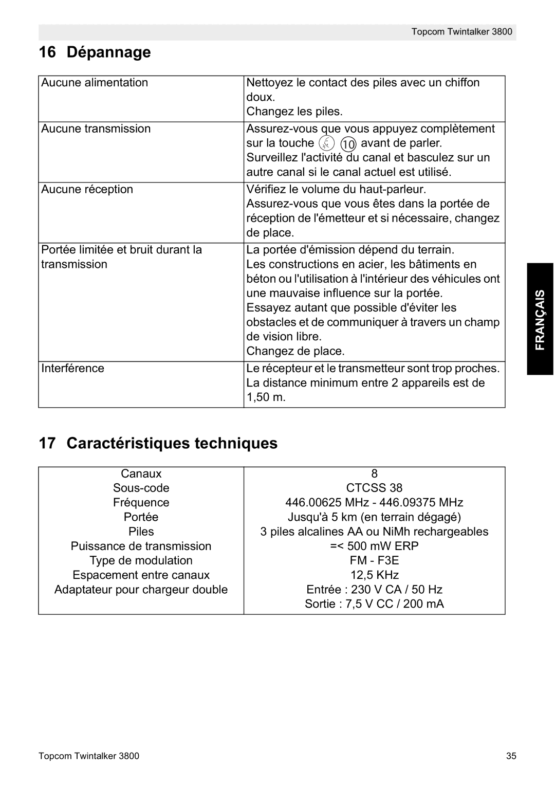 Topcom 3800 manual do utilizador 16 Dépannage, Caractéristiques techniques 