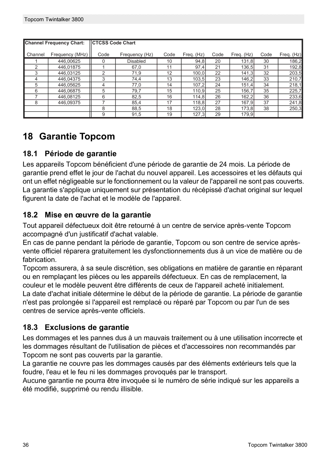 Topcom 3800 Garantie Topcom, 18.1 Période de garantie, Mise en œuvre de la garantie, Exclusions de garantie 