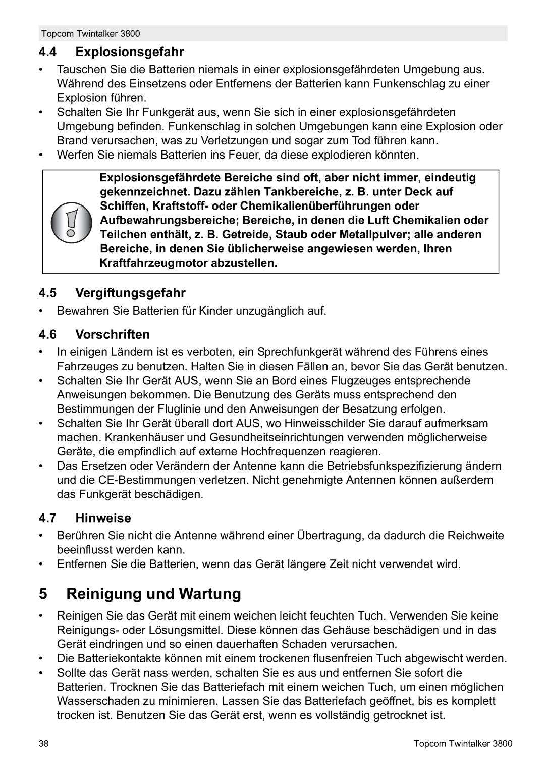 Topcom 3800 manual do utilizador Reinigung und Wartung, Explosionsgefahr, Vergiftungsgefahr, Vorschriften, Hinweise 