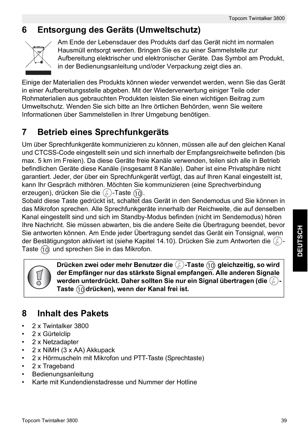 Topcom 3800 manual do utilizador Entsorgung des Geräts Umweltschutz, Betrieb eines Sprechfunkgeräts, Inhalt des Pakets 