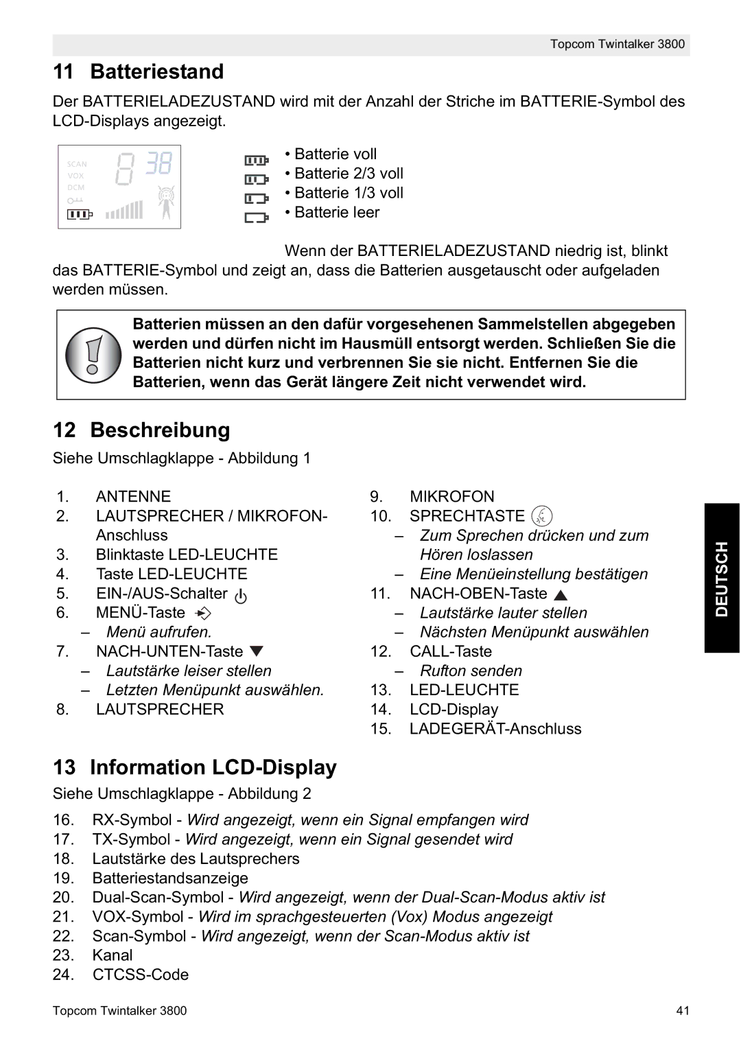 Topcom 3800 manual do utilizador Batteriestand, Beschreibung, Information LCD-Display 