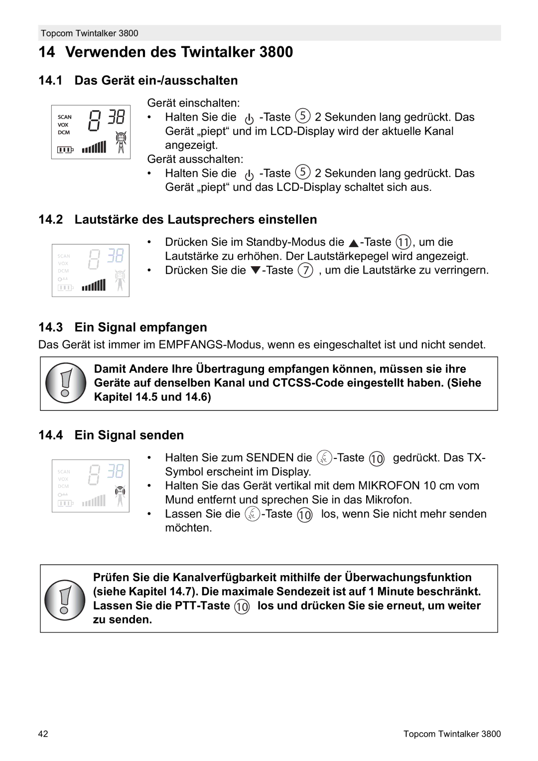 Topcom 3800 Verwenden des Twintalker, Das Gerät ein-/ausschalten, Lautstärke des Lautsprechers einstellen 