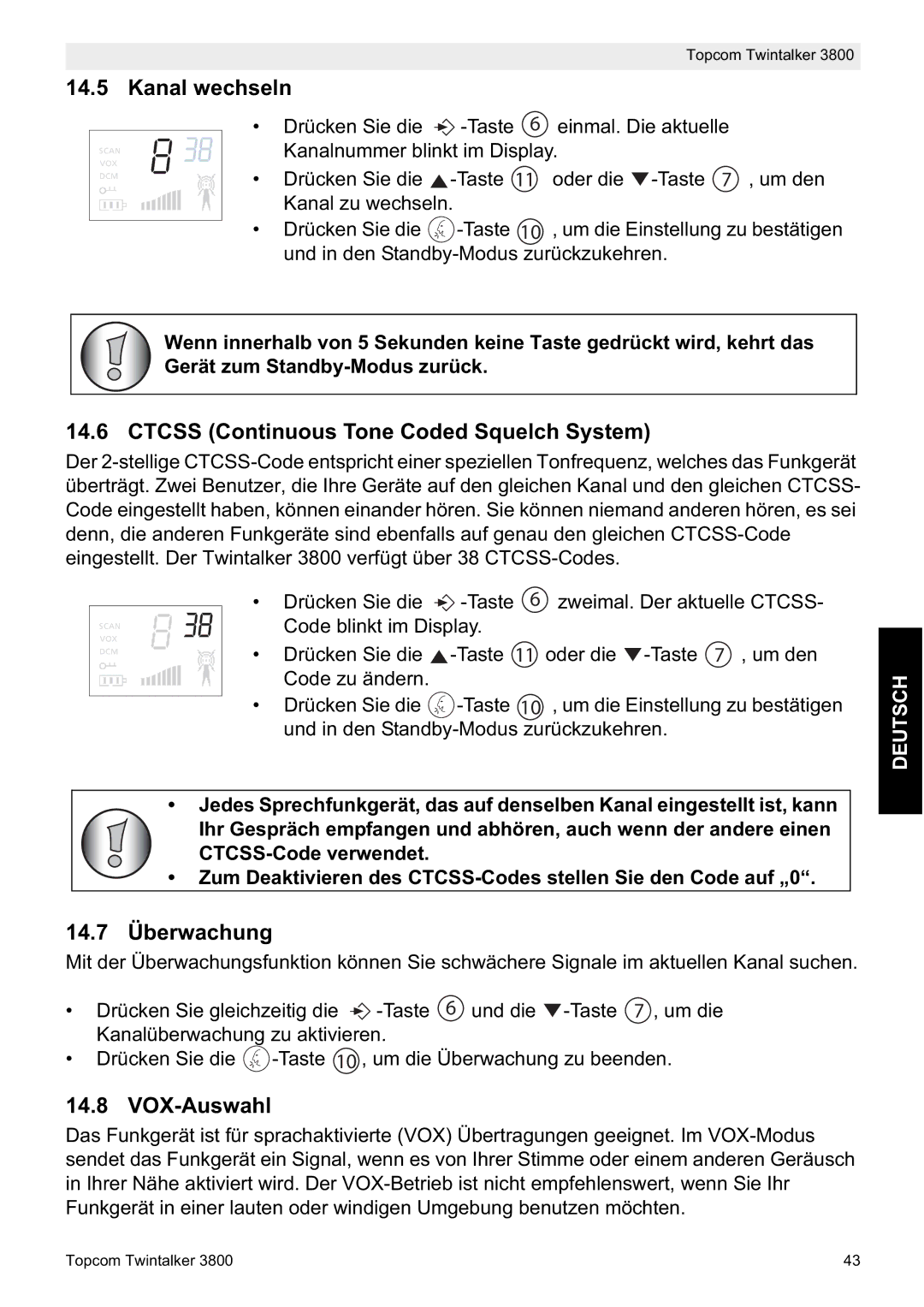 Topcom 3800 manual do utilizador Kanal wechseln, 14.7 Überwachung, VOX-Auswahl 