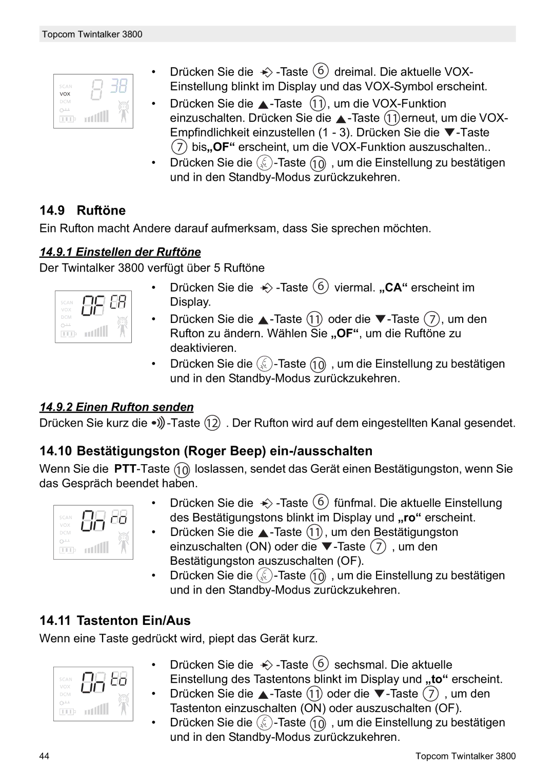 Topcom 3800 manual do utilizador Bestätigungston Roger Beep ein-/ausschalten, Tastenton Ein/Aus, Einstellen der Ruftöne 