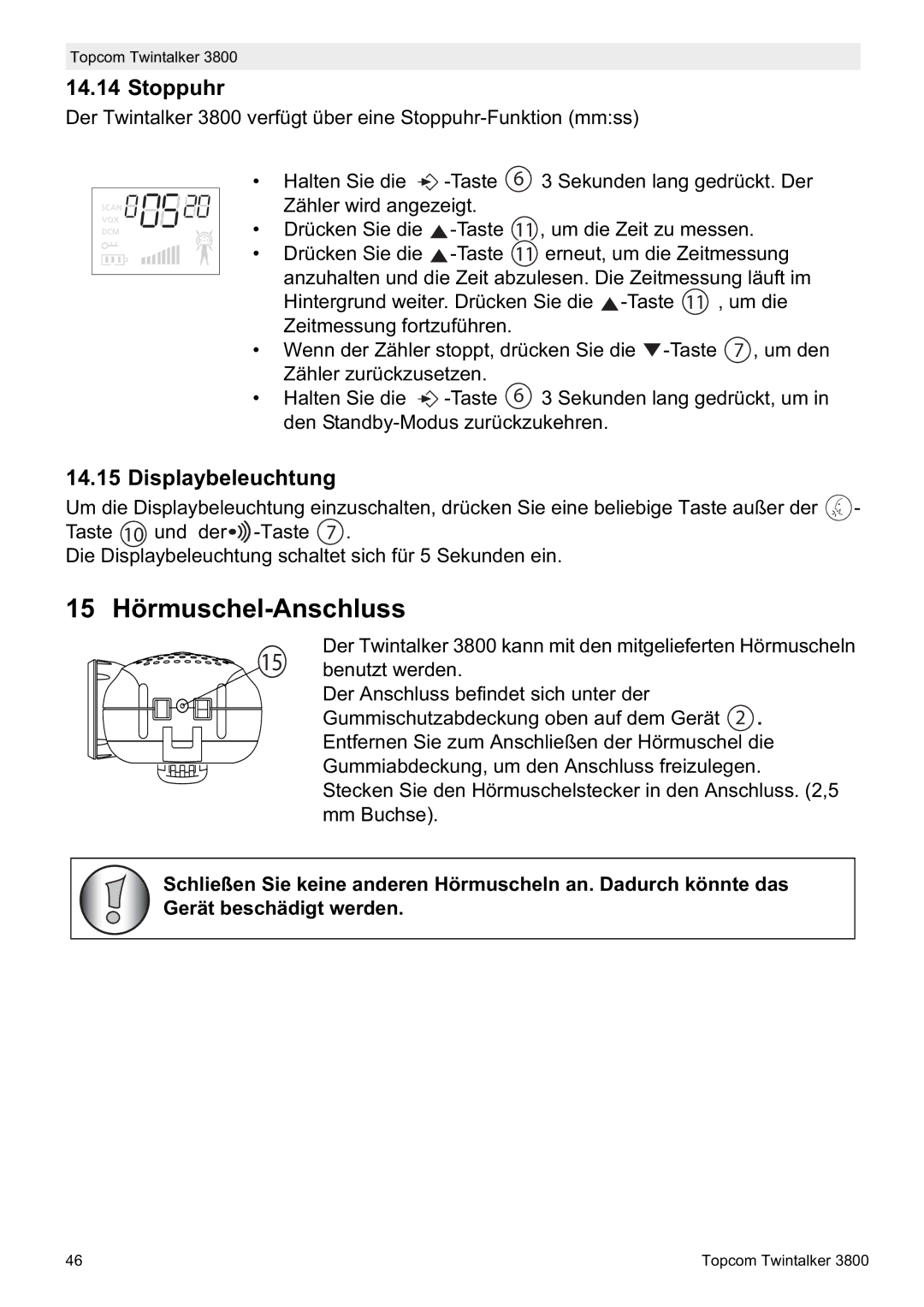 Topcom 3800 manual do utilizador 15 Hörmuschel-Anschluss, Stoppuhr, Displaybeleuchtung 