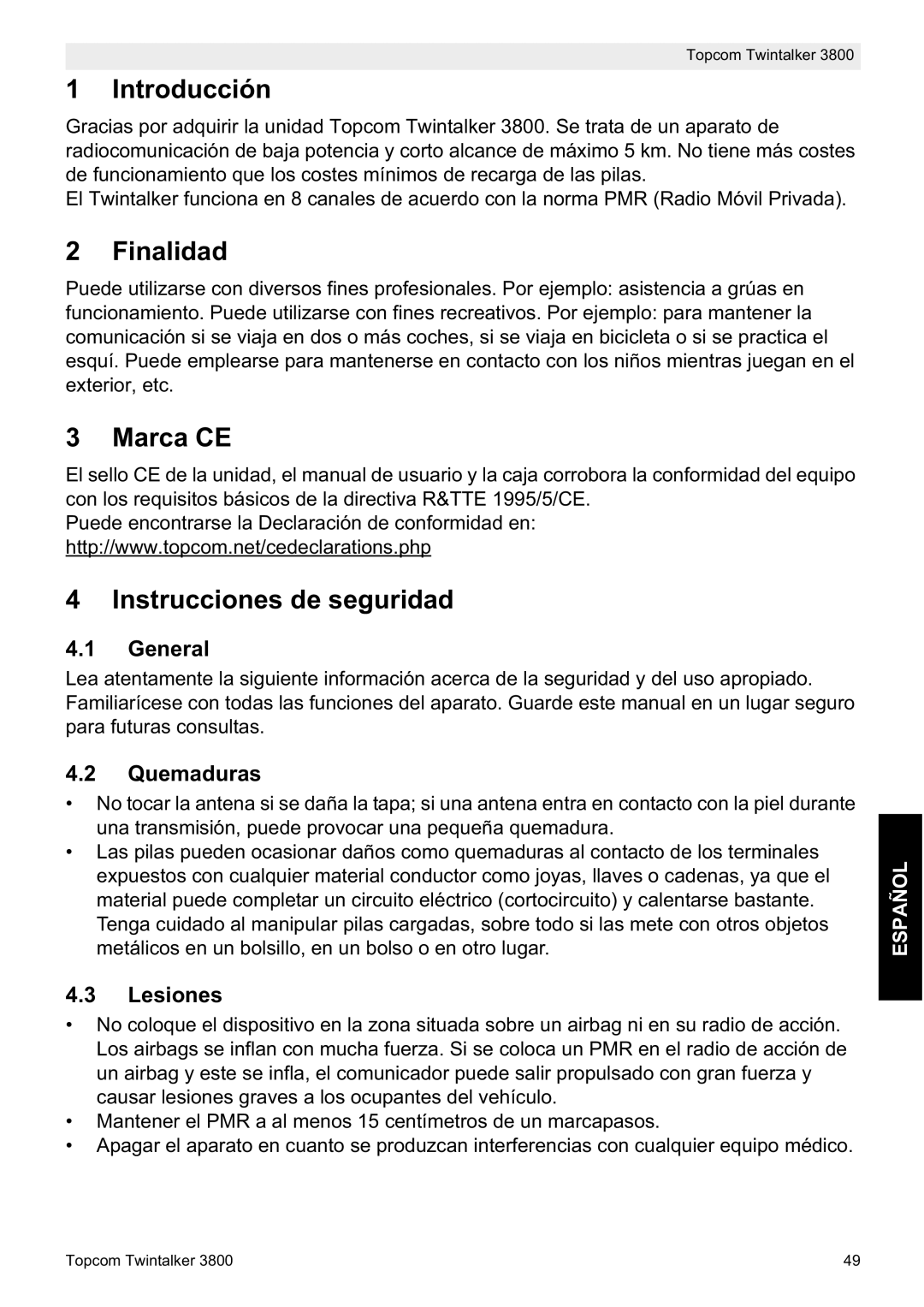 Topcom 3800 manual do utilizador Introducción, Finalidad, Marca CE, Instrucciones de seguridad 