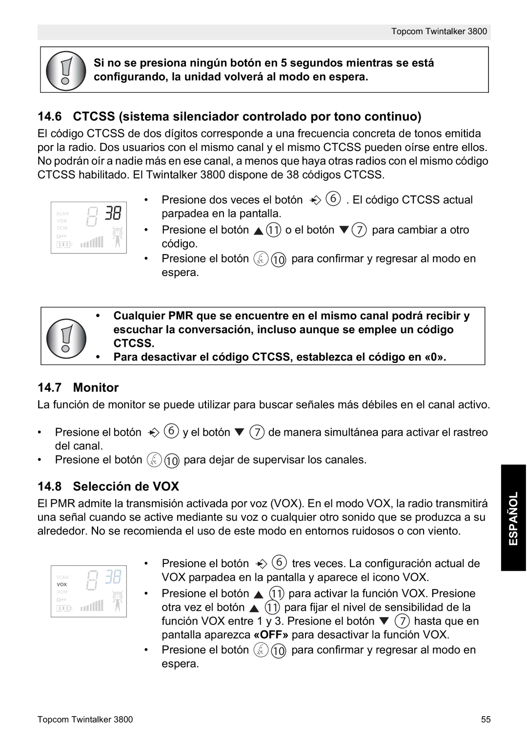 Topcom 3800 manual do utilizador Ctcss sistema silenciador controlado por tono continuo, Selección de VOX 