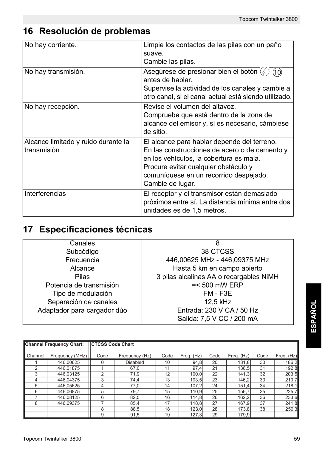 Topcom 3800 manual do utilizador Resolución de problemas, Especificaciones técnicas 