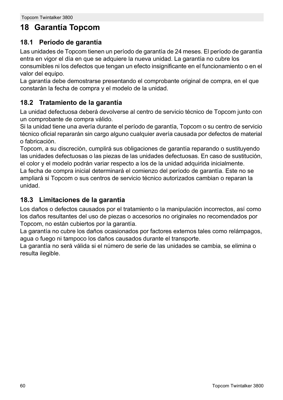 Topcom 3800 Garantía Topcom, 18.1 Período de garantía, Tratamiento de la garantía, Limitaciones de la garantía 