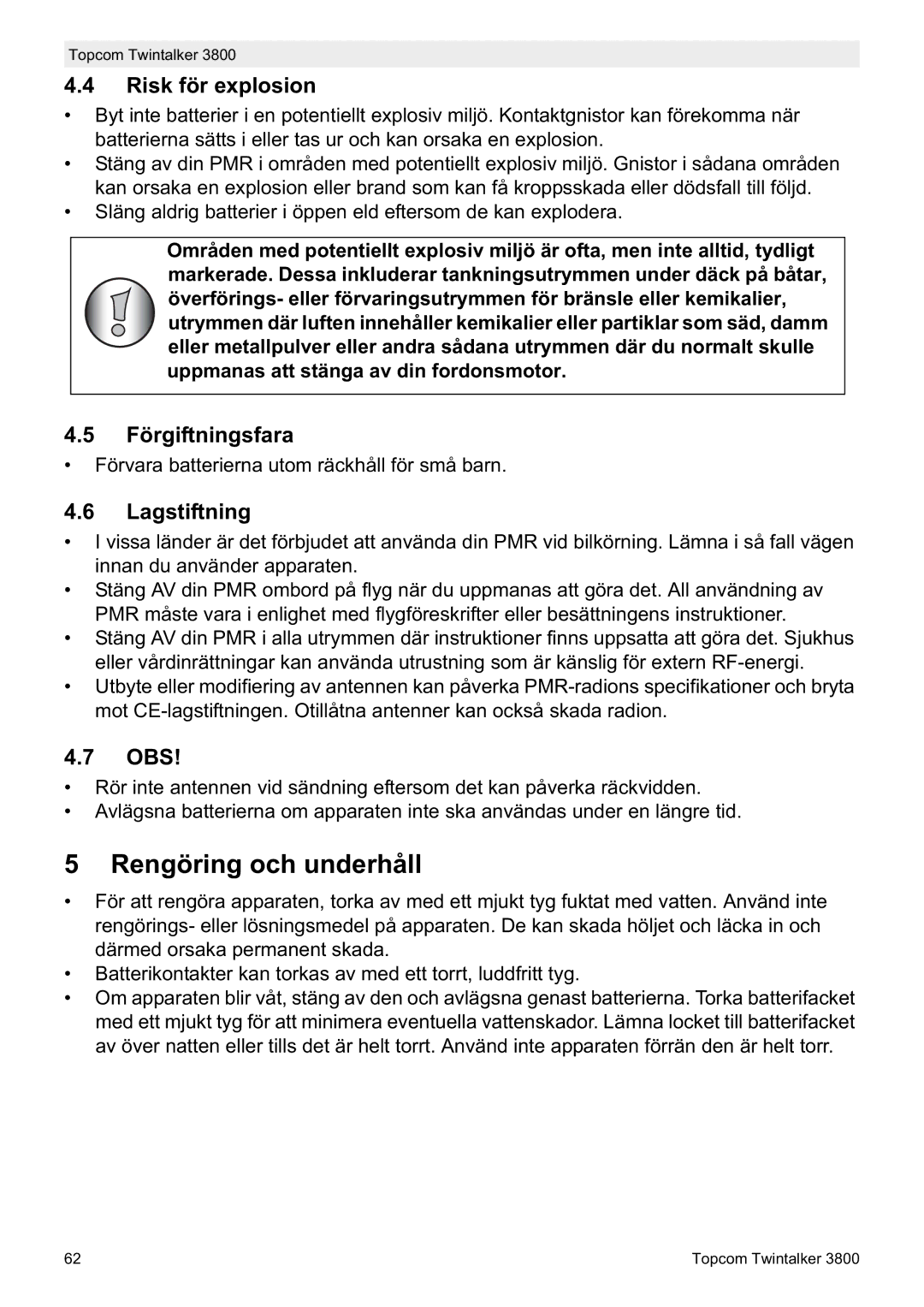 Topcom 3800 manual do utilizador Rengöring och underhåll, Risk för explosion, Förgiftningsfara, Lagstiftning, Obs 