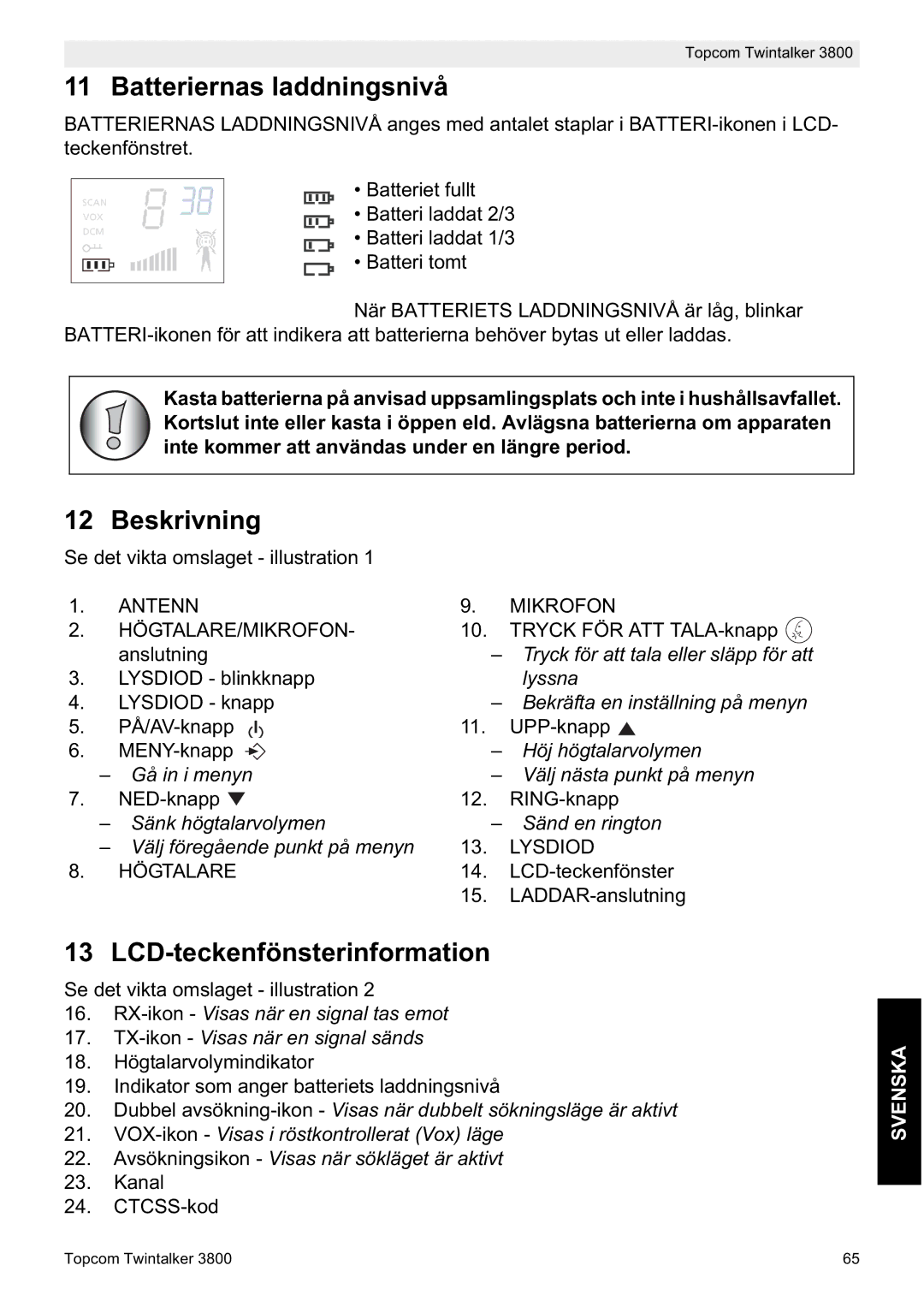 Topcom 3800 manual do utilizador Batteriernas laddningsnivå, Beskrivning, LCD-teckenfönsterinformation 