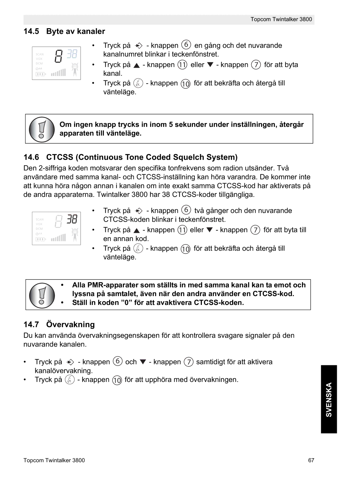 Topcom 3800 manual do utilizador Byte av kanaler, 14.7 Övervakning 