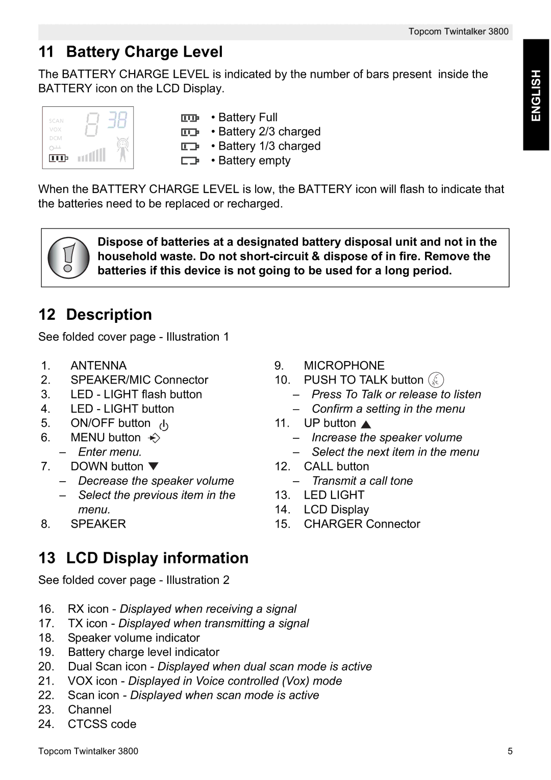 Topcom 3800 manual do utilizador Battery Charge Level, Description, LCD Display information 