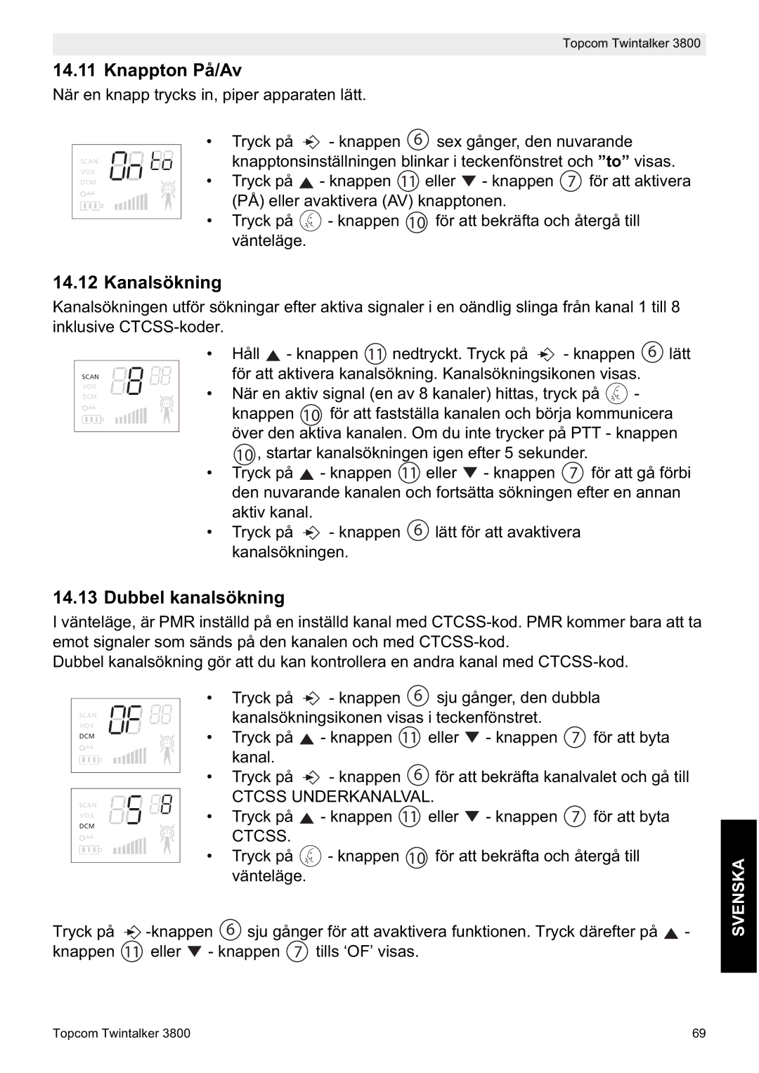 Topcom 3800 manual do utilizador Knappton På/Av, Kanalsökning, Dubbel kanalsökning 