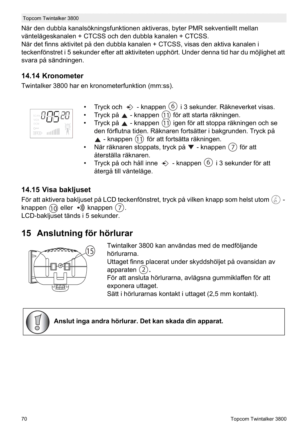 Topcom 3800 manual do utilizador Anslutning för hörlurar, Kronometer, Visa bakljuset 