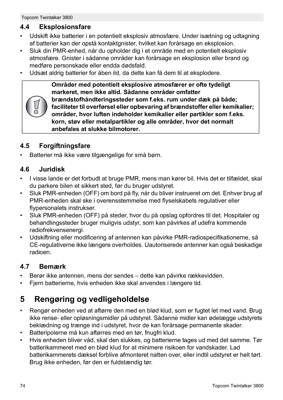 Topcom 3800 manual do utilizador Rengøring og vedligeholdelse, Eksplosionsfare, Forgiftningsfare, Juridisk, Bemærk 